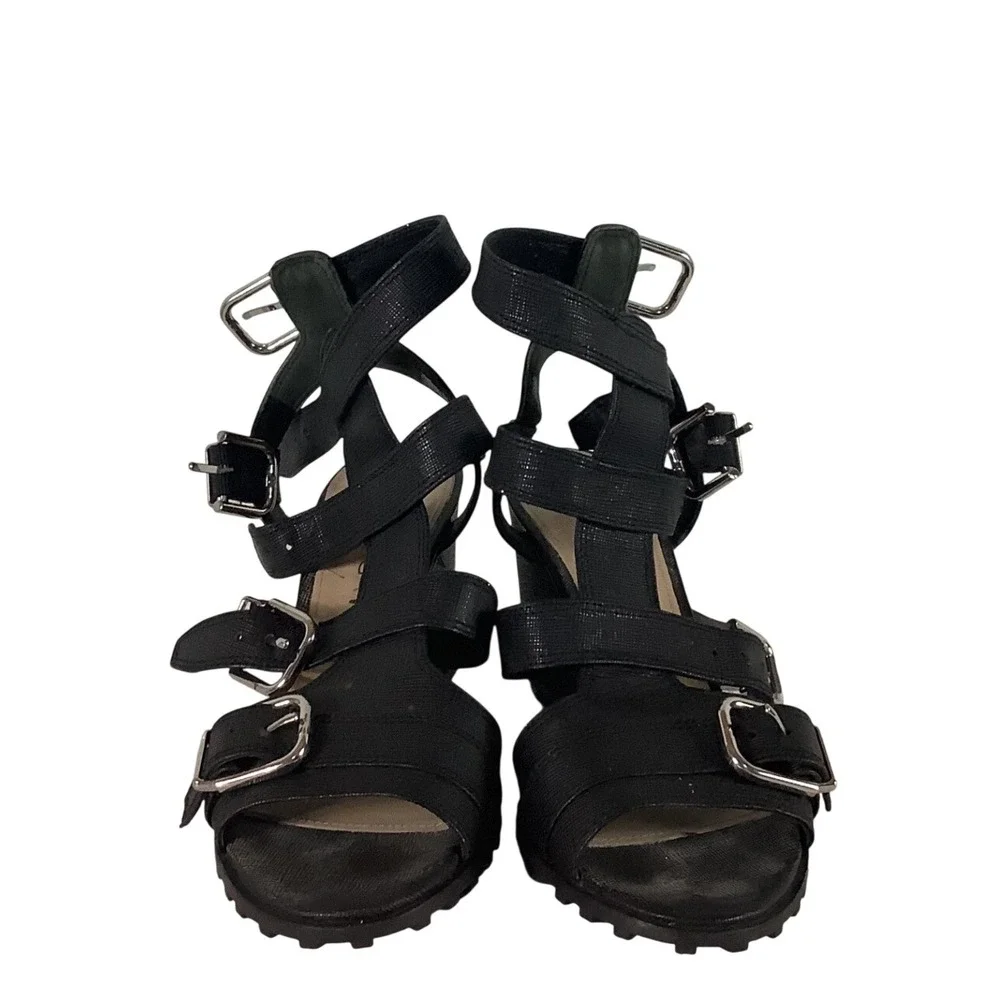 Via Spiga Black Strappy Buckle Wedge Sandals Lug Sole Gladiator Heels Size 6.5